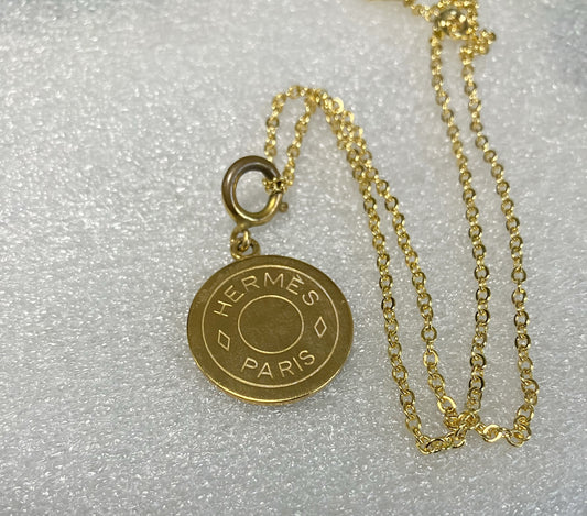 HERMES Sellier” Coin Necklace Large Gold Unisex Sterling Silver 925 w/ New Chain
