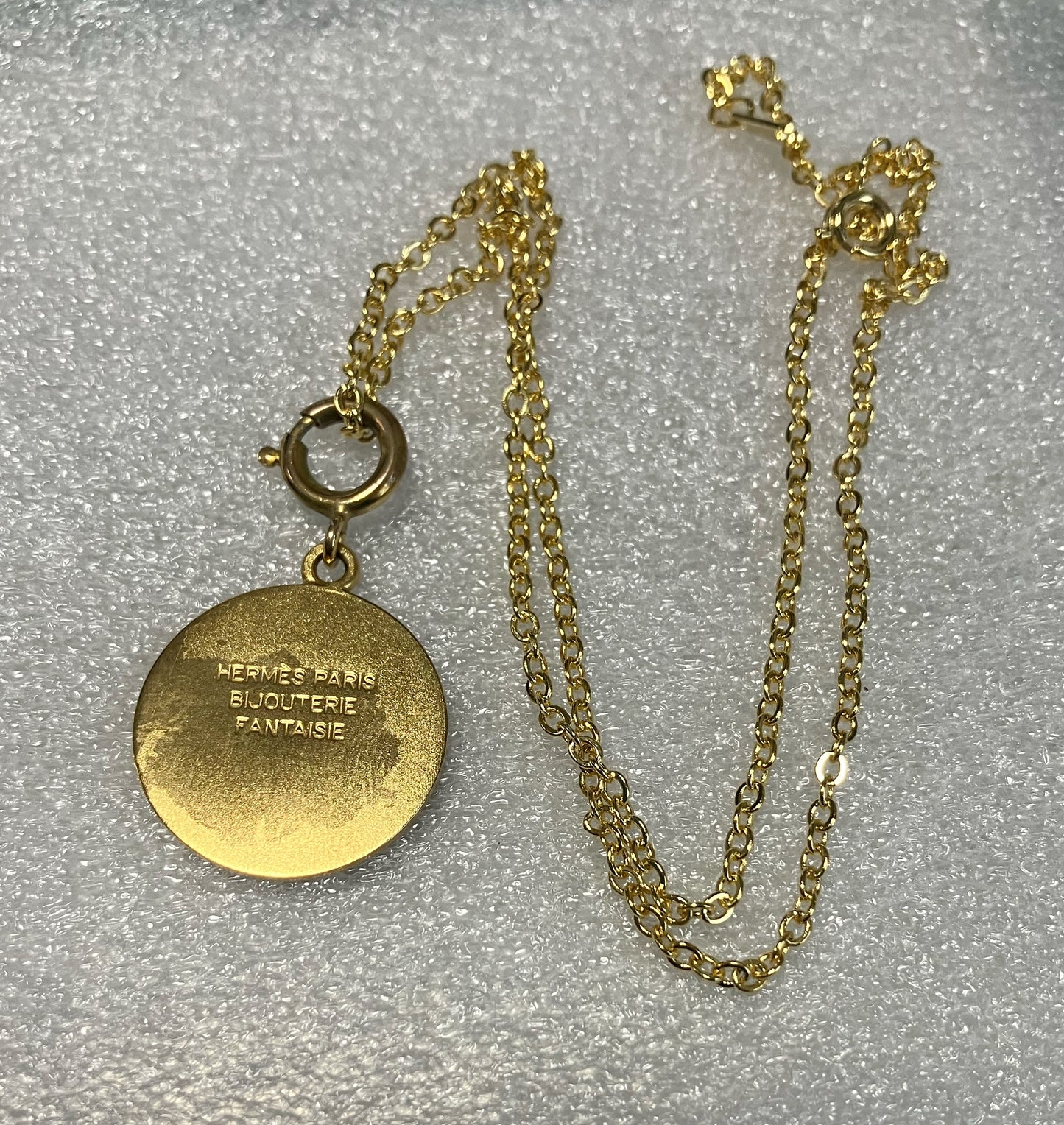 HERMES Sellier” Coin Necklace Large Gold Unisex Sterling Silver 925 w/ New Chain