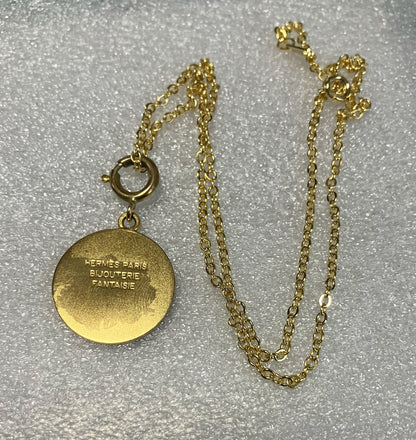 HERMES Sellier” Coin Necklace Large Gold Unisex Sterling Silver 925 w/ New Chain