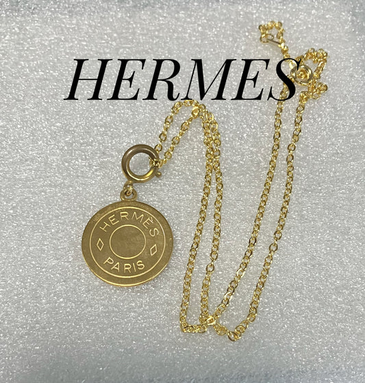 HERMES Sellier” Coin Necklace Large Gold Unisex Sterling Silver 925 w/ New Chain