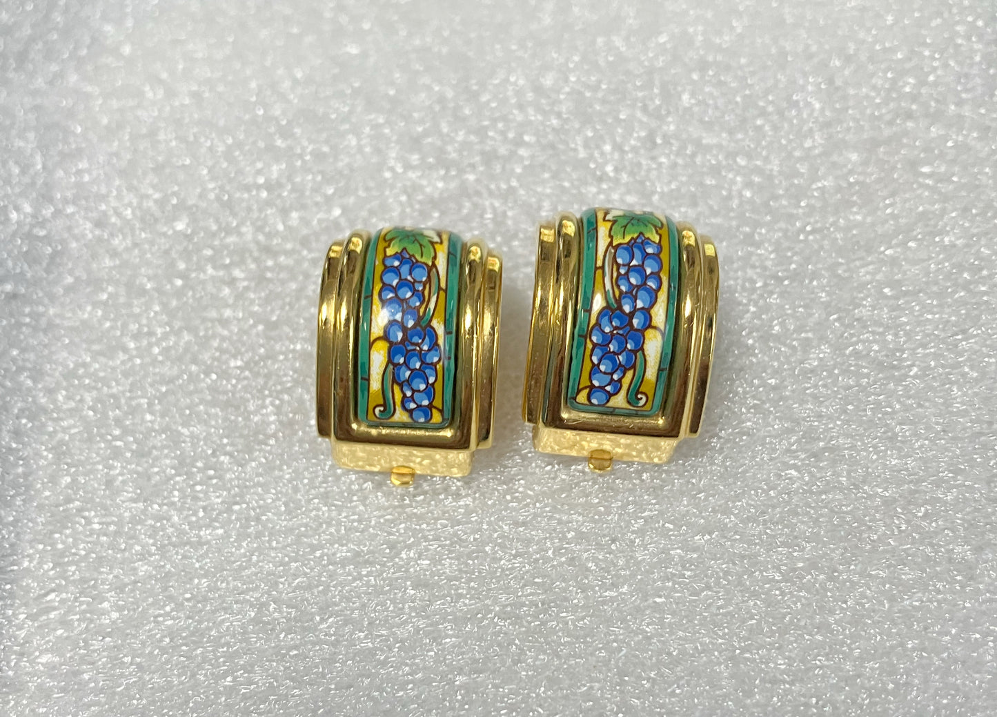 HERMES Cloisonné Enamel Clip-On Earrings – Grape Motif