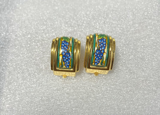 HERMES Cloisonné Enamel Clip-On Earrings – Grape Motif