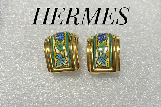 HERMES Cloisonné Enamel Clip-On Earrings – Grape Motif