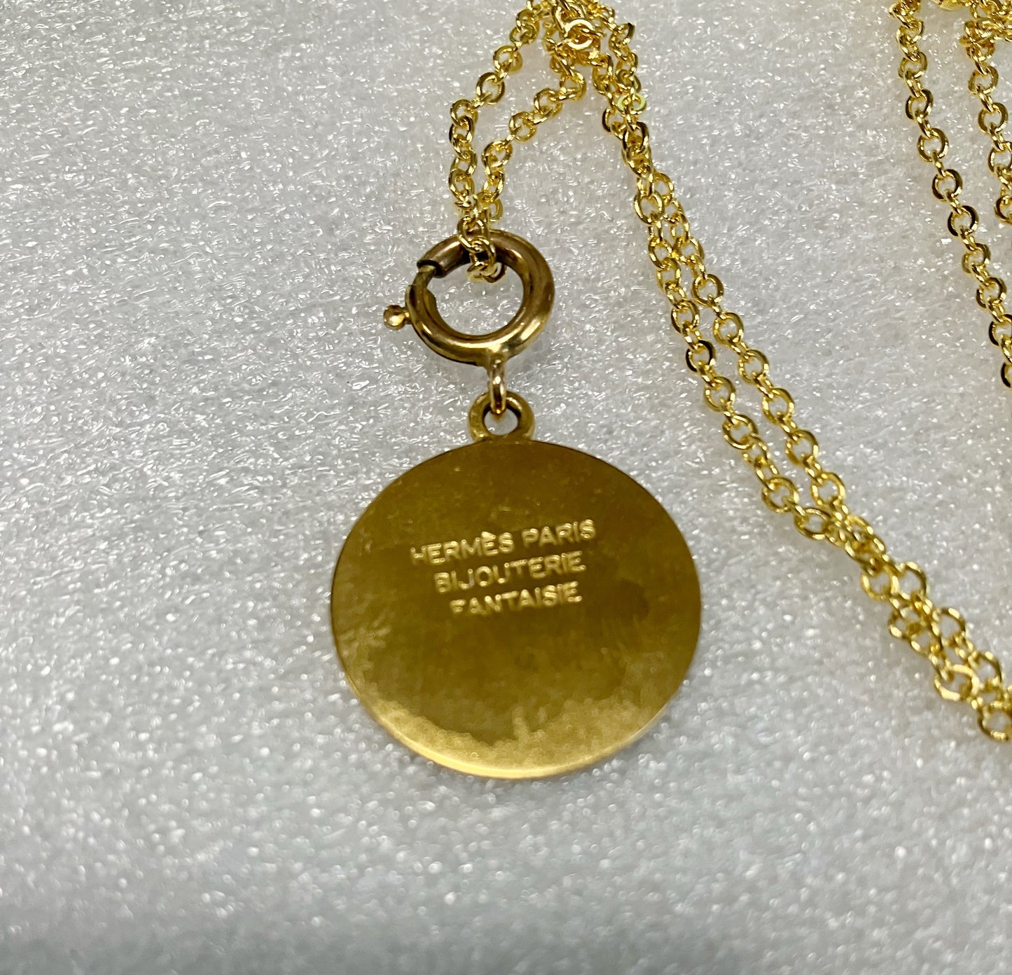 HERMES Sellier” Coin Necklace Large Gold Unisex Sterling Silver 925 w/ New Chain